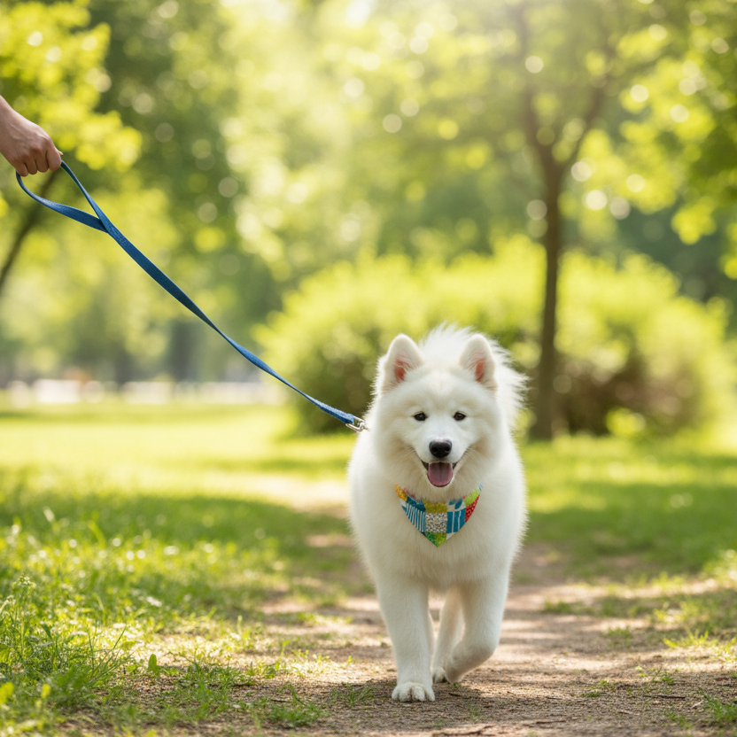 A fluffy white Samoyed dog walking on a dirt path in a sunny park, wearing a colorful patterned bandana and leash attached to a blue leash held by a person whose hand is visible on the left.