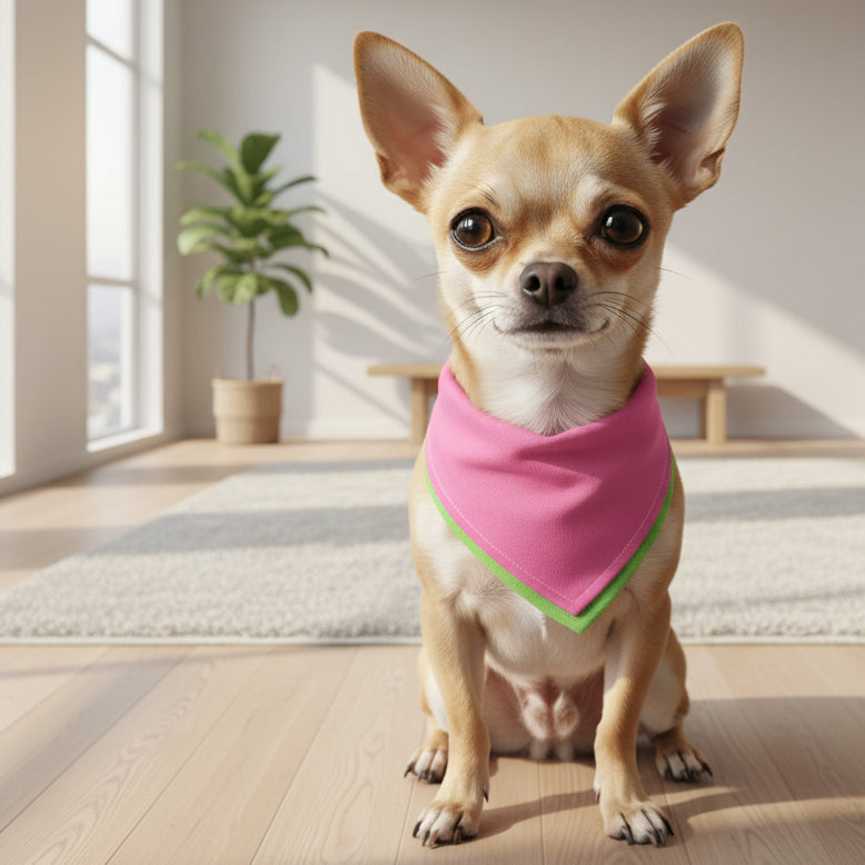 A pink reusable cloth towel or bandana on a chihuahua.