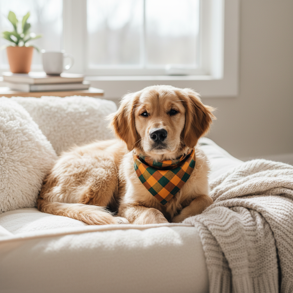 A golden retriever dog sits on a cream-colored sofa wearing a green and orange plaid bandana. The background shows a cozy living room setting with a window, a small potted plant, and a knitted throw blanket.