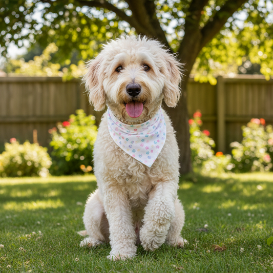 A fluffy cream-colored dog sitting on a green lawn in a sunny backyard, wearing a white bandana with a small pink pattern.