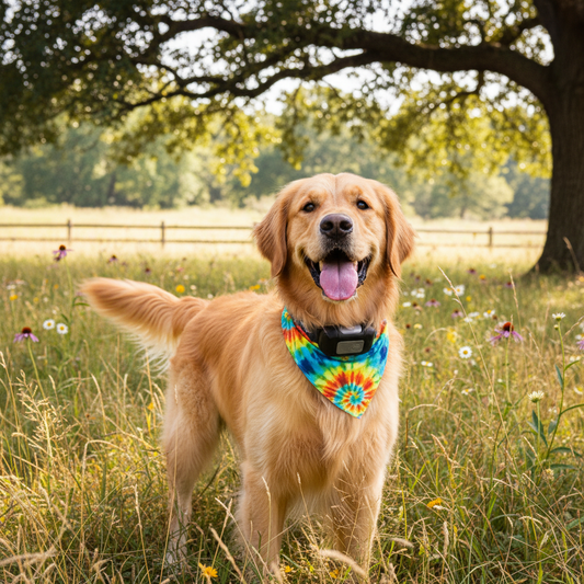 A golden retriever standing in a grassy field under a large tree, wearing a bright tie-dye bandana and a black dog collar with a small device attached.