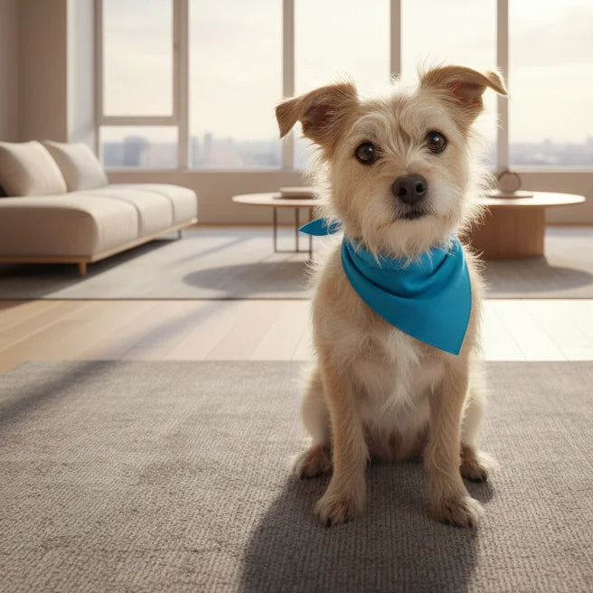 A small light tan dog sits on a gray rug in a bright modern living room, wearing a bright blue bandana around its neck.